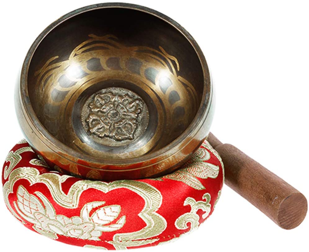 mano metallo verniciato tibetano buddista campana tibetana strumento musicale per la meditazione con bastone e cuscino Come da immagine Design antico campana tibetana set 